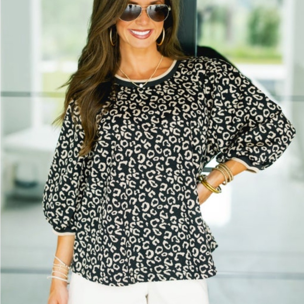Umgee Black and Taupe Leopard Print Blouse